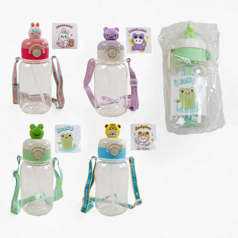 Пляшка для води C 69359 (80) 600 мл, пластикова, наліпки, ремінець, трубочка, пластикова застібка із запобіжником, в пакеті, ВИДАЄТЬСЯ ТІЛЬКИ МІКС ВИДІВ