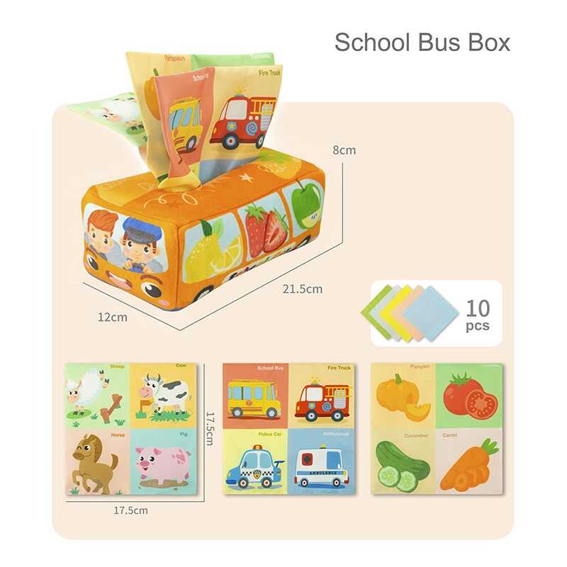 Розвивальна гра YB 1 (96) “Серветниця”, текстиль, 13 серветок, тварини, овочі, шелестючі елементи, англійські назви, транспорт, в пакеті