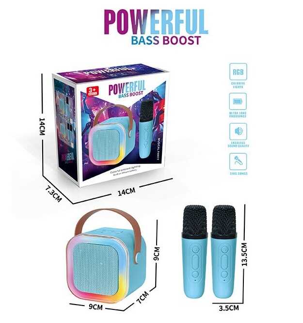 Караоке K 12-4 (48/2) 2 мікрофони, вбудований акумулятор, Bluetooth, слот для TF-Card, роз’єм type-С, AUX, зміна голосу, мінус, регулювання гучності та підсвічування, в коробці