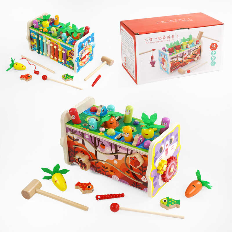 Ігровий центр C 65771 (24) дерев’яний, 5 ігрових панелей, стукалка, ксилофон, рухомі шестерні, циферблат, у коробці