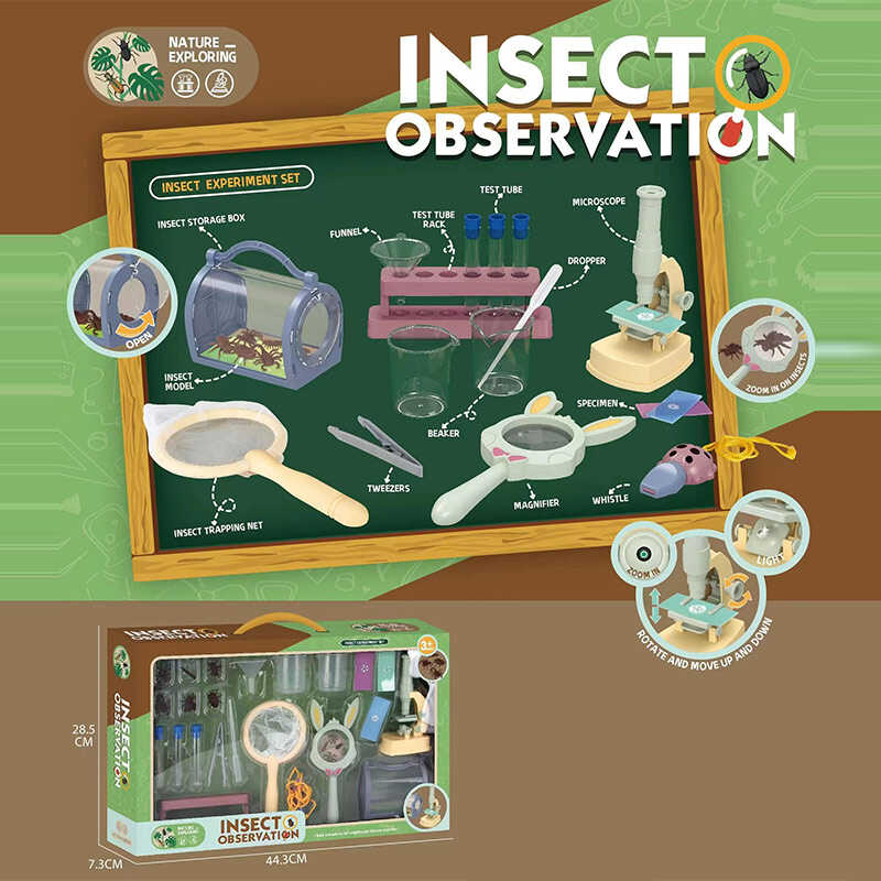 Набір дослідів W 613 (36) мікроскоп на батарейках, підсвітка, лупа, сачок, пінцет, моделі комах, пробірки, в коробці