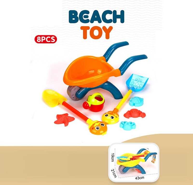 Пісочний набір YF 3696 (24) 8 елементів, тачка, лопатка, граблі, лійка, форми для піску, в сітці