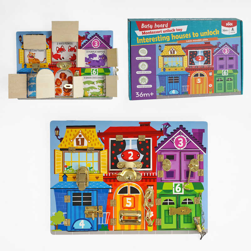 Бізіборд дерев'яний C 64848 (20) “Квартирки з тваринами”, 6 видів замочків, що відкривають віконця, в коробці