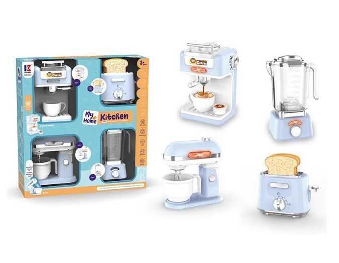 Набір побутової техніки 8057 B (12) звуки, підсвічування, міксер, кавоварка, тостер, блендер, чашка, муляжі шматків хліба, в коробці