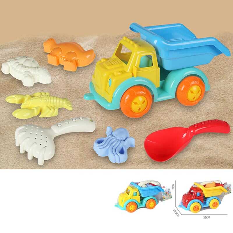 Пісочний набір KZ 6436 (24/2) 2 кольори, розмір самоскида - 35х18.5х9 см, лопатка, граблі, 4 формочки, в сітці