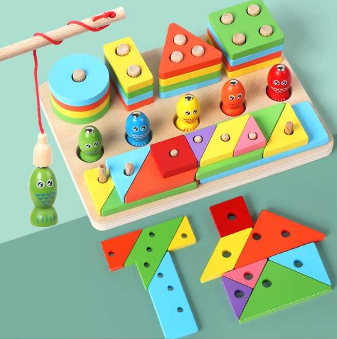 Логічна дерев'яна дошка C 75298 (30) геометричний сортер, танграм, сортер за кольорами, магнітна риболовля, 5 рибок, вудка, в коробці