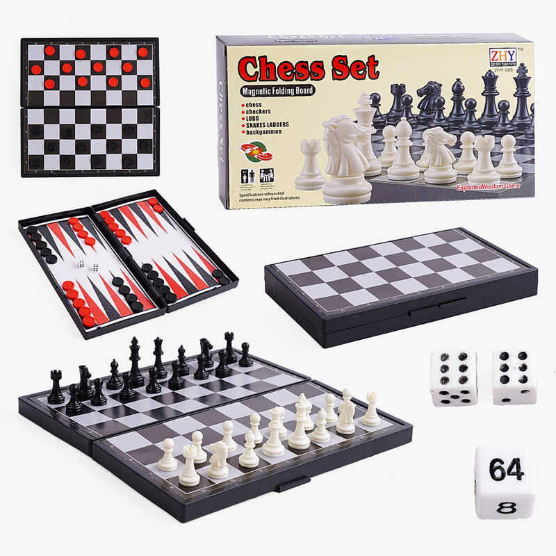 Шахи 689 A18 (96/2) двостороння дошка, нарди, 3 гральні кубики, в коробці