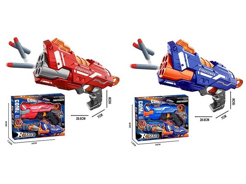 Пістолет 6336 A / 6336 B (36) 2 кольори, стріляє м’якими патронами, механічний принцип роботи, 10 патронів, в коробці