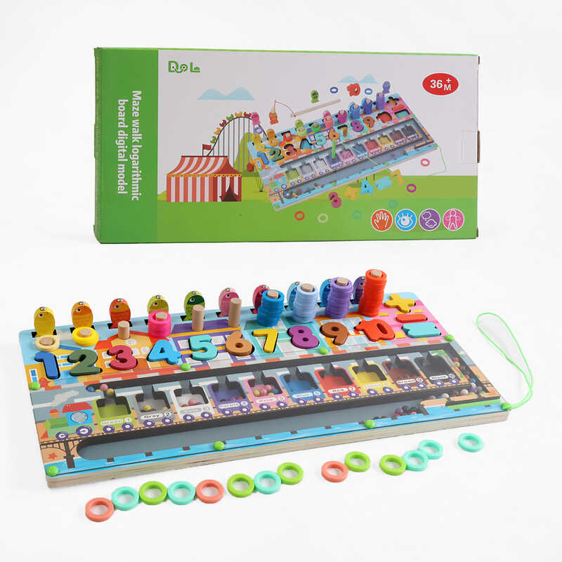 Логічна дерев’яна дошка D 38475 (20) магнітна гра, магнітна риболовля, дерев'яні кілочки, кольорові кільця, сортер, цифри, в коробці
