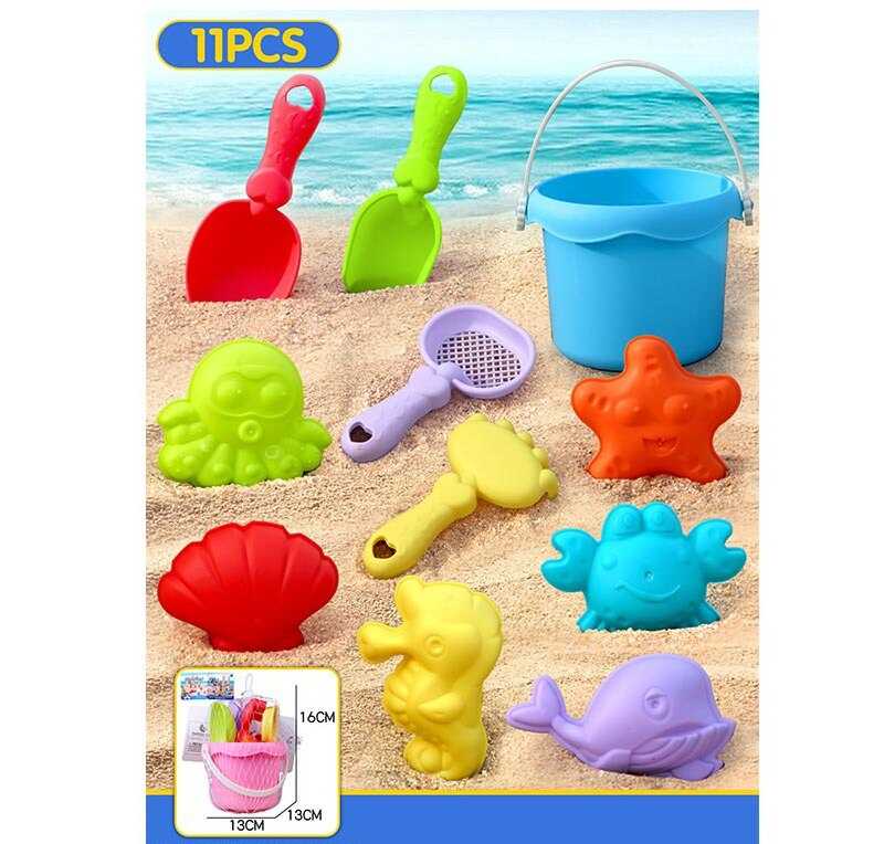 Пісочний набір W 218-73 (144/2) 2 кольори, висота відра - 9.5 см, граблі, сито, 2 лопатки, 6 формочок, в сітці