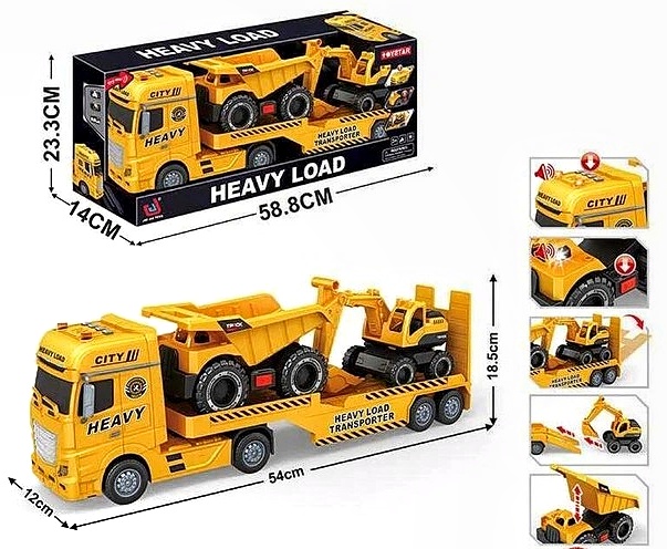 Трейлер 666-68 F , “Спецтехніка”, звуки, підсвічування, інерція, гумові шини, самоскид, екскаватор, в коробці