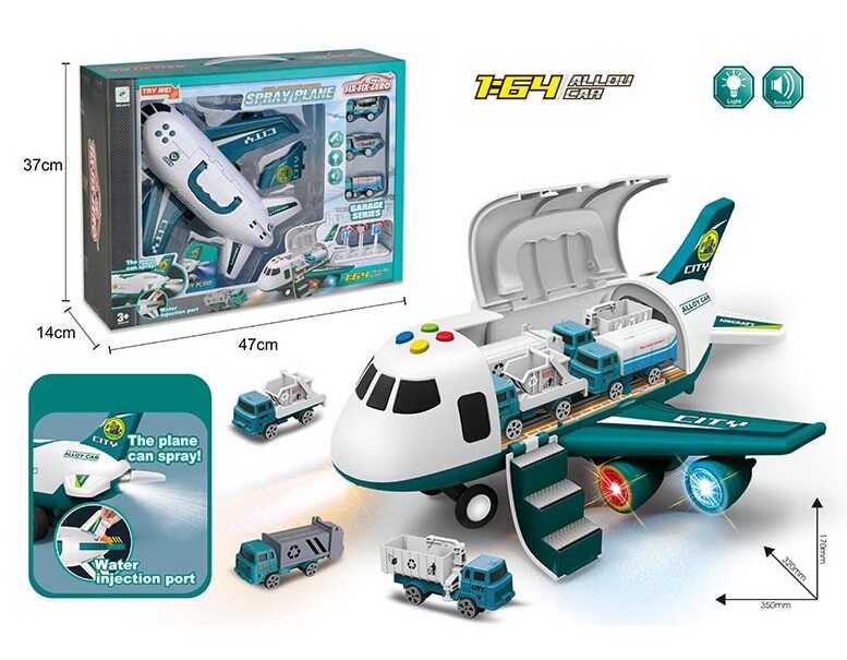 Літак 660 А-315 (12/2) "Спецтехніка", інерція, парогенератор, 3 машинки, на батарейках, світло, звук, дорожні знаки, в коробці