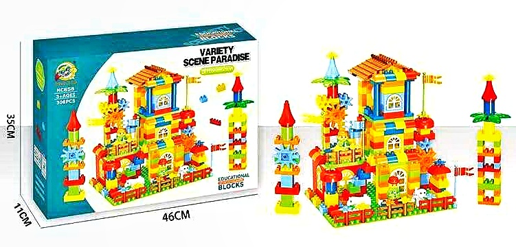 Конструктор MC 858 , 308 елементів, 2 великі основи, фігурки людей і тварин, дах, вікна, огорожа, шестерінки, в коробці