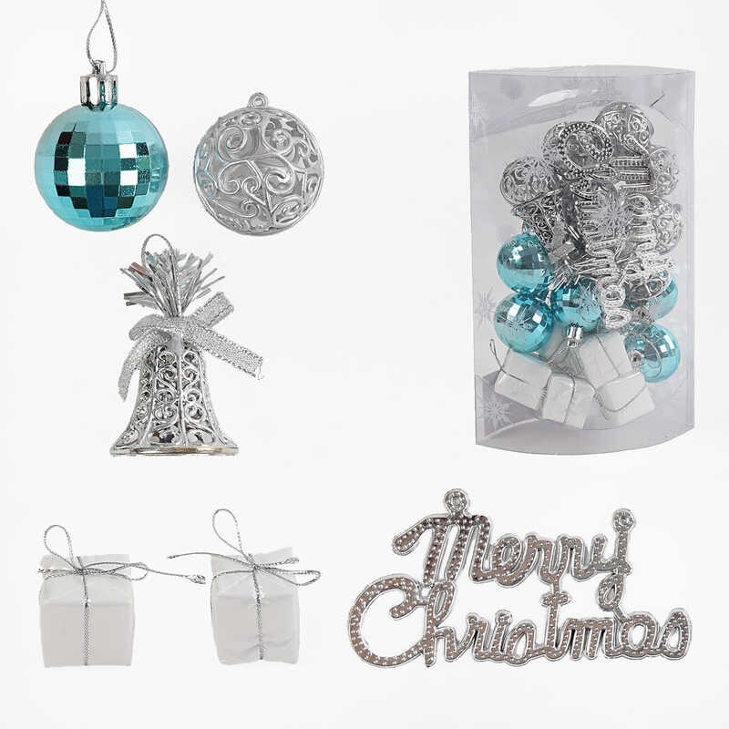 Новорічні прикраси C 67439 (120) 26 штук, кульки, дзвіночки, подарунки, написи, у слюді
