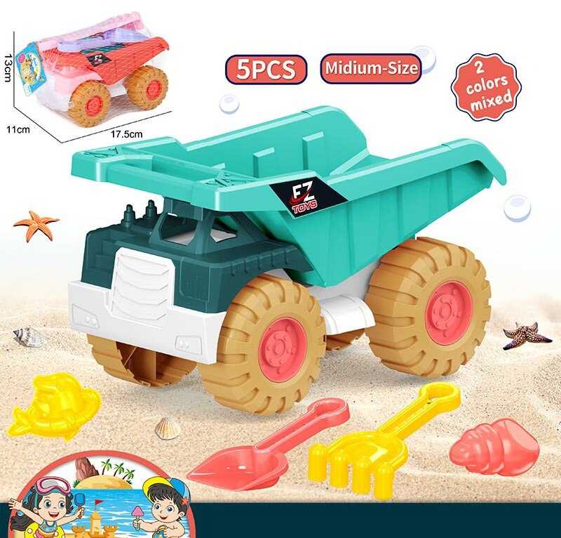 Пісочний набір 733-390 (160/2) 2 кольори, розмір самоскида: 11х17.5х12, лопатка, граблі, формочки для піску, в сітці