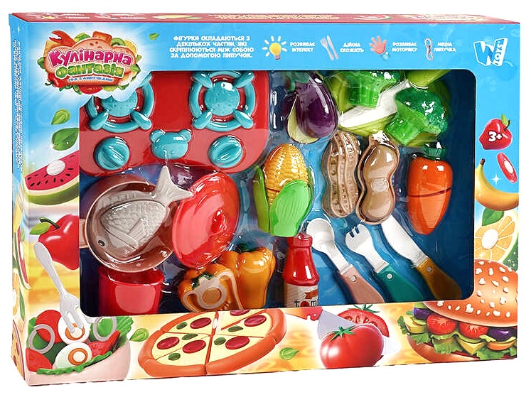 Набір продуктів “Кулінарна фантазія” 10385 “Wtoys”, 24 елементи, овочі та фрукти на липучках, варильна поверхня, дошка для нарізання, ніж, в коробці