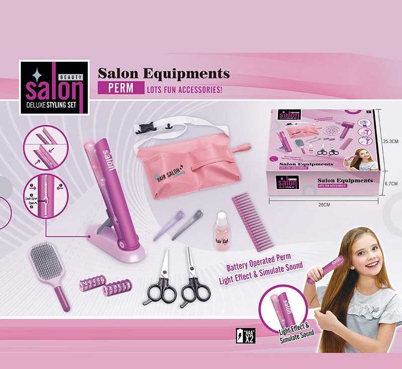 Набір перукаря YLQ 085 A (60/2) стайлер, звук, підсвітка, ножиці, бігуді, 2 заколки, 2 щітки для волосся, перукарський фартух, в коробці