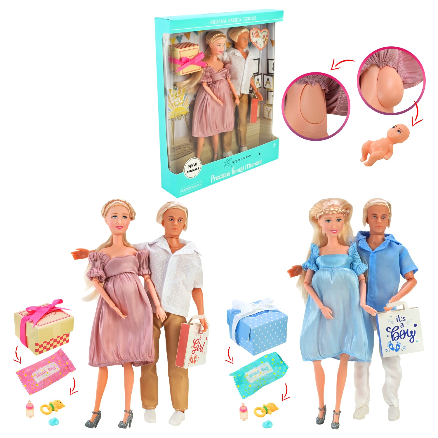 Лялька A811A/B , сім'я , 2 шт , мама вагітна , тато , малюк , аксесуари , коробка