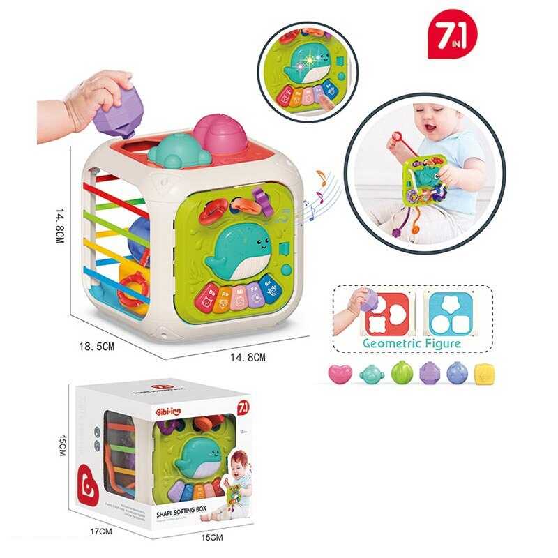 Музичний куб 688-87 (36) 7 в 1: піаніно, пальчикові ігри, брязкальце, сортер, рухомі шестерні, пірамідка, прорізувачі, мелодії, підсвічування, звукові ефекти, в коробці