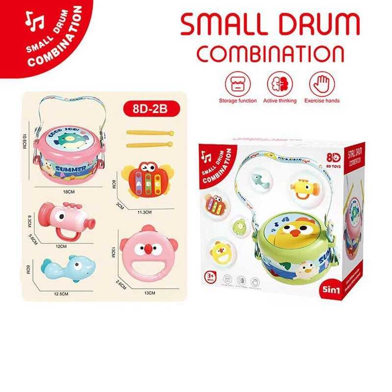 Музичні інструменти 8 D 2 A (36) барабан, бубон, маракаси-брязкальце, труба, ксилофон, барабанні палички, ремінці, гумові елементи, в коробці