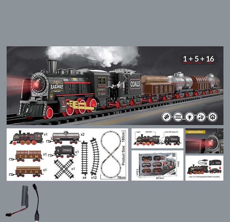 Залізниця 652 X26 (24/2) парогенерація, підсвічування, звук, акумулятор, дорога 78х180 см, 1 локомотив, 5 вагонів, 16 елементів дороги, в коробці