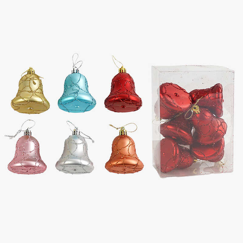 Новорічні прикраси C 67715 (120) 6 штук, дзвоники, висота 6 см, у слюді, ВИДАЄТЬСЯ ТІЛЬКИ МІКС ВИДІВ