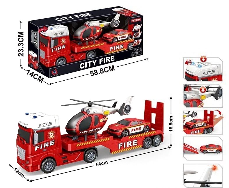 Трейлер 666-67 F “Пожежна служба”, звуки, підсвічування, інерція, гумові шини, машинка, гвинтокрил, в коробці