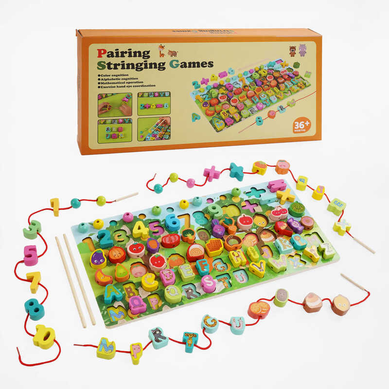 Логічна дерев’яна дошка C 67048 (20) літери та назви продуктів англійською, сортер, цифри, шнурівка, кульки, палички, в коробці