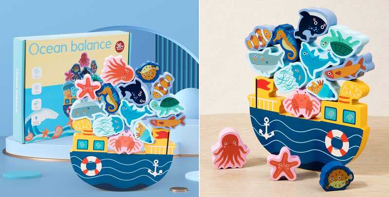 Балансир дерев’яний C 75593 (36) основа у вигляді корабля, маленькі фігурки морських тваринок, в коробці