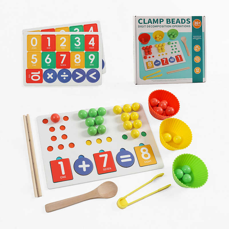 Математична дошка F 43636 (40) дерев`яні кульки, сортер за кольорами, назви цифр англ. мовою, цифри, щипці, ложка, в коробці