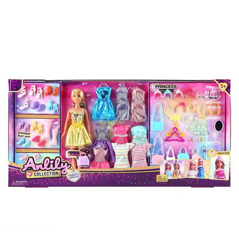 Лялька з аксесуарами 616615 (12) висота: 30 см, прошите волосся, голова і руки: гума, тіло і ноги: пластик, знімний одяг та взуття, додаткові 12 пар взуття, додаткові 9 суконь, аксесуари, в коробці