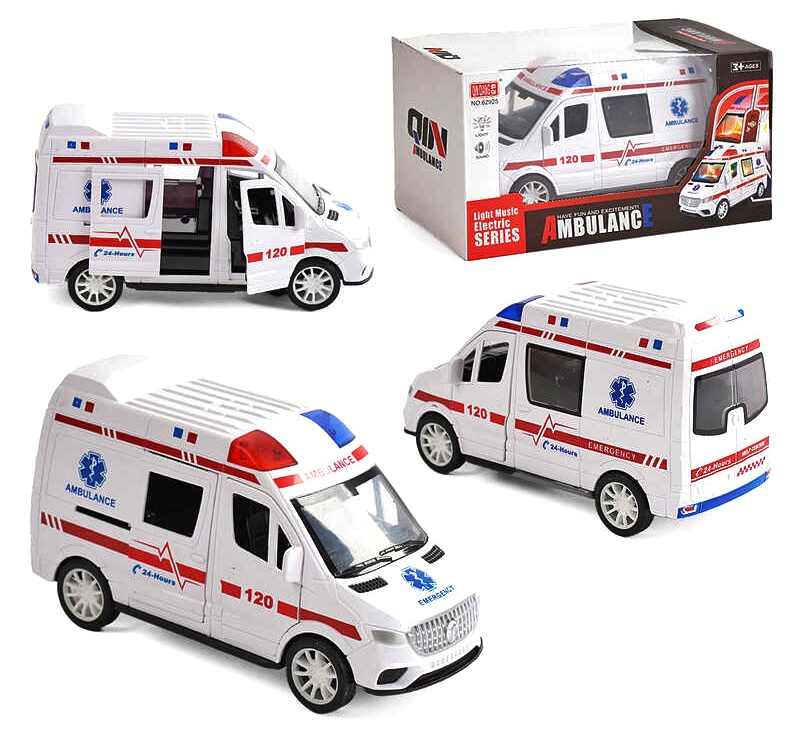 Машина 62925 "Швидка допомога" , мелодія, підсвічування, колесо вільного ходу, гумові шини, відкриваються двері, в коробці