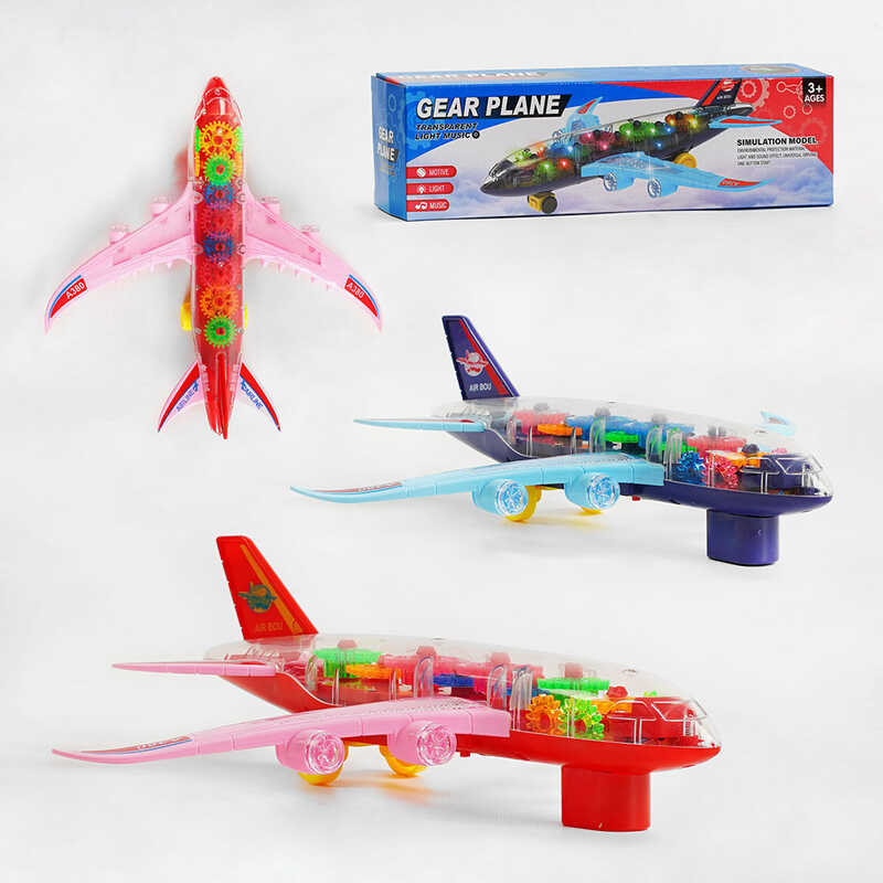 Літак KH 332-5 (120/2) 2 кольори, прозорий корпус, шестерні, світло, звук, колесо вільного ходу, на батарейках, у коробці