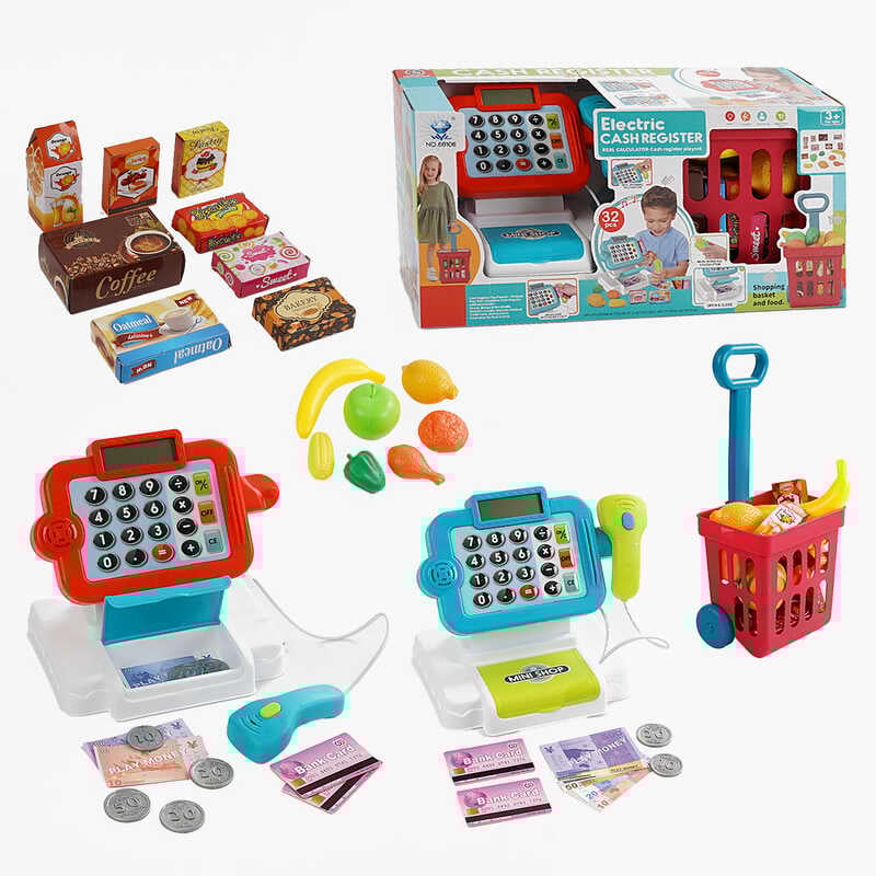 Касовий апарат 66106 (18) 2 кольори, калькулятор, підсвічування, звук, продукти, кошик, гроші, в коробці