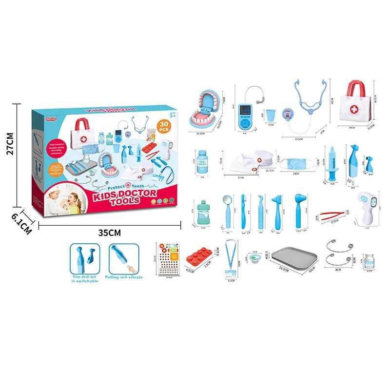 Набір лікаря A 83-3 (36/2) 30 елементів, бормашина з вібрацією, 2 щелепи, брекети, термометр, стетоскоп, дзеркальце для огляду, пінцет, медична сумочка, фартух, маска, в коробці