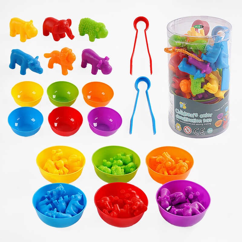 Логічна гра 2188-18 (60/2) “Звіряти”, 36 елементів, кольорові тваринки, 6 мисочок, 2 пари щипців, у тубі