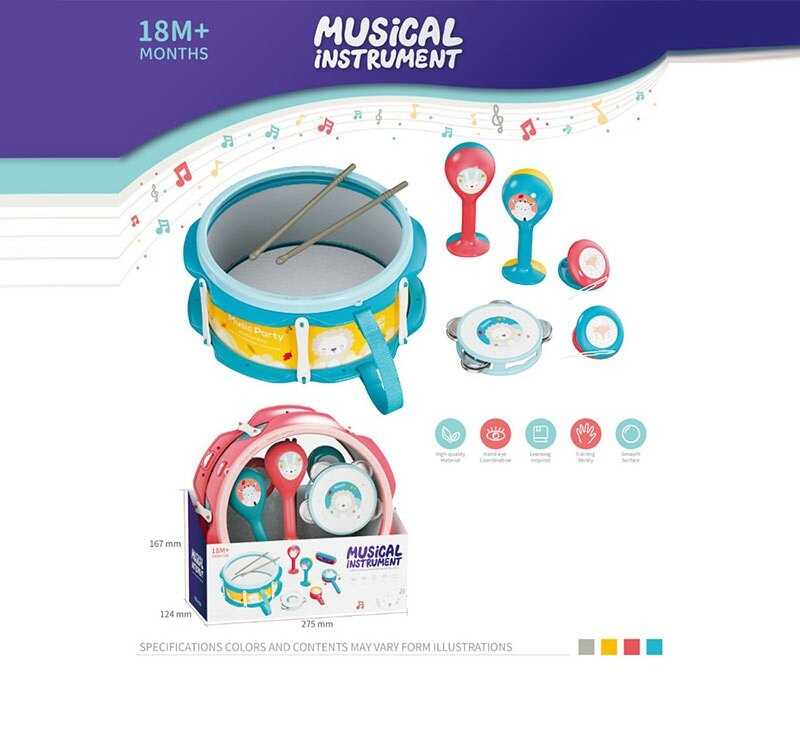 Набір музичних інструментів 3504 E (24) 2 кольори, барабан: 28х28х11.5 см, барабанні палички, маракаси, бубон, кастаньєти, ремінець, в коробці
