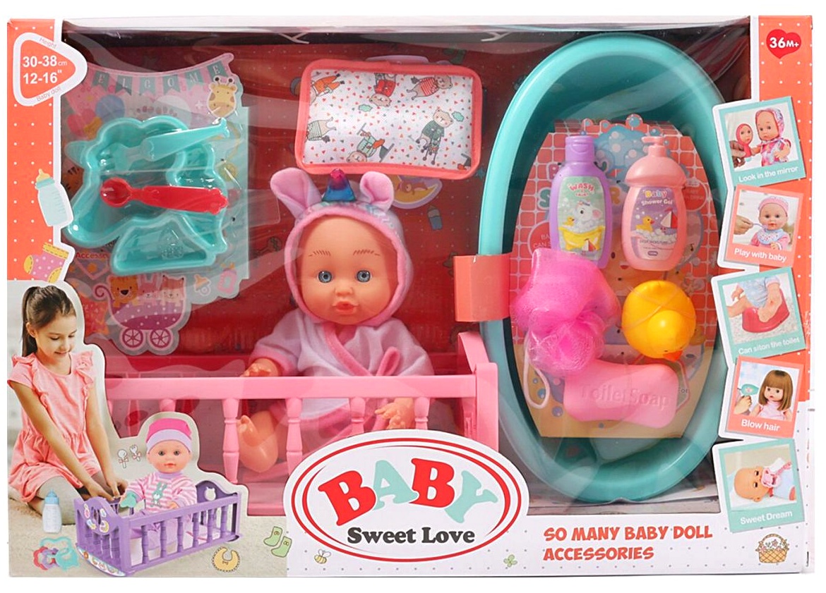 Пупс 9933 A-2 , висота 26 см, ліжечко, ванночка, знімний одяг, аксесуари , в коробці