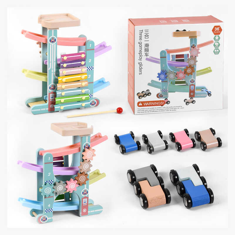 Трек C 44894 (20) дерево-пластик, 4 поверхи, 6 машинок, ксилофон, в коробці