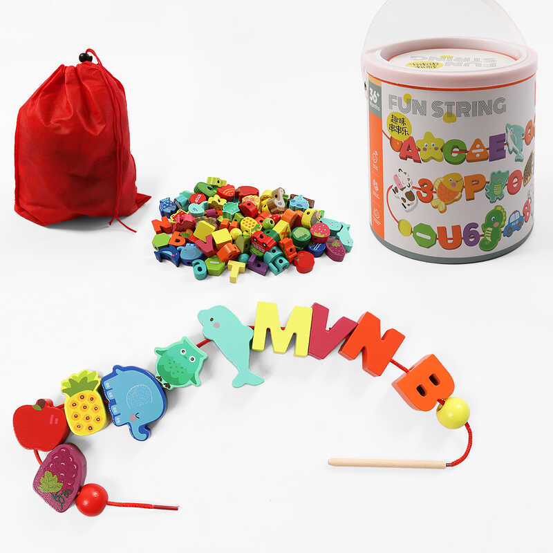 Шнурівка дерев'яна С 74443 (18) 10 шнурків з дерев’яним краєм, абетка, тварини, транспорт, у відрі