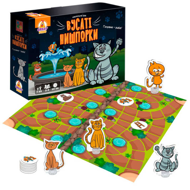 гр Гра настільна маршрутна "Вусаті нишпорки" VT8055-44 (5) "Vladi Toys", гральне поле, 16 жетонів, 4 фігурки котів, 4 підставки, гральний кубик, правила гри, в коробці