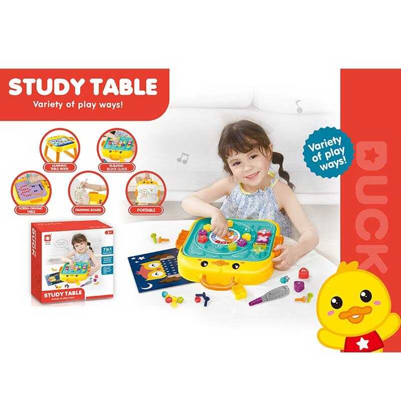 Ігровий столик 820 (18) мозаїка, дошка пиши-витирай, болтики, викрутка, геометричний сортер, пазл, годинник, цифри й математичні знаки, в коробці