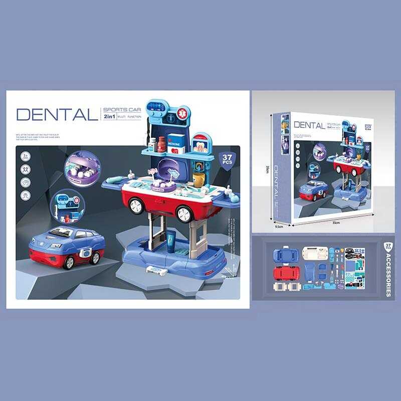 Набір стоматолога 8044 (16) 37 деталей, іграшка 2 в 1: машинка та мобільна стоматологічна станція, муляжі щелеп та зубів, у коробці