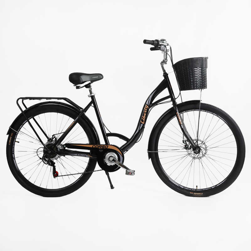 Велосипед міський Corso «Liberty» 28’’ дюймів LR-28286 (1) + КОШИK, ЧОРНИЙ, сталева рама 20``, Shimano 7 швидкостей, корзина, багажник