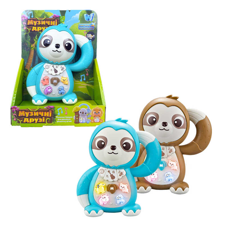 Музична іграшка 99186 (120/2) "WToys", "ЛІНИВЕЦЬ", 2 кольори, ОЗВУЧУВАННЯ УКРАЇНСЬКОЮ МОВОЮ, пісні, казки, віршики, підсвічування, цифри, звуки тварин, в коробці