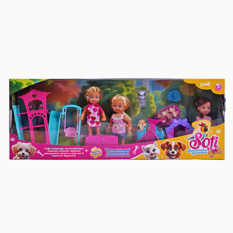 Набір ляльок Sofi 71630 (36/2) “На прогулянці з домашніми улюбленцями”, 3 ляльки, дитячий майданчик, 5 тваринок, аксесуари, висота ляльки 11 см, в коробці