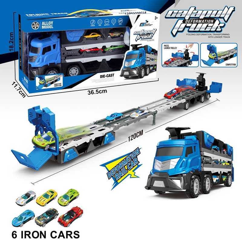 Трейлер-трек 829 (40) СИНІЙ, розмір - 32х10х14 см, довжина треку - 120 см, механічний запускач, важіль розкладання кузова, 6 металопластикових моделей, в коробці