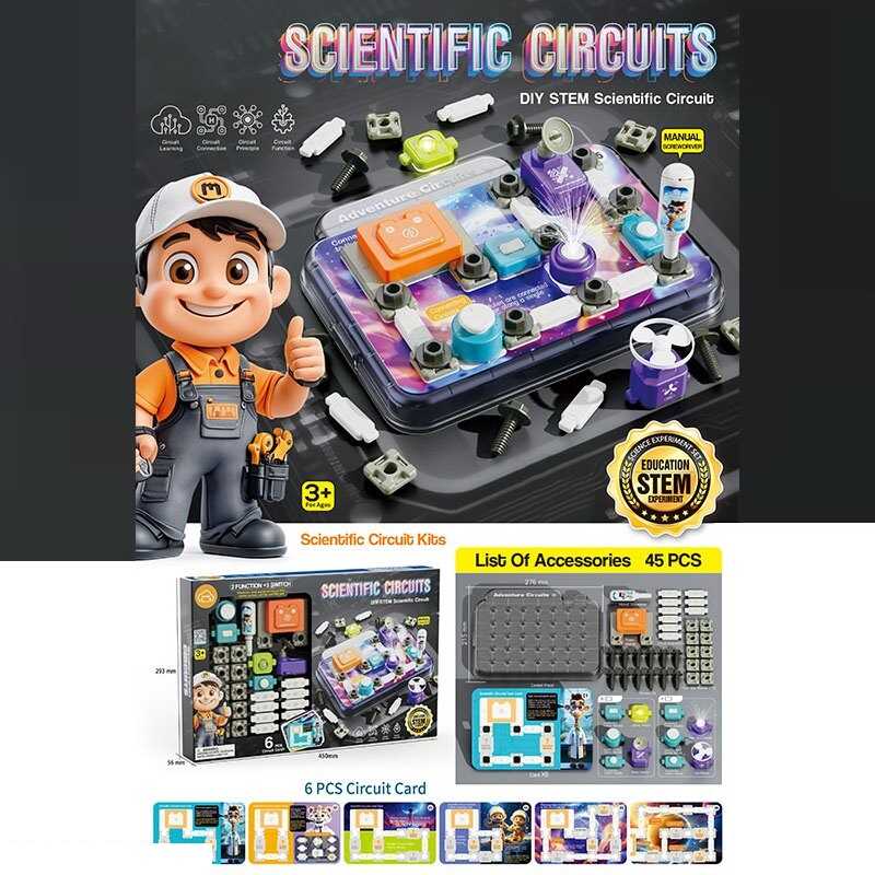 Електронний конструктор 77-54 K (24) 45 елементів, підсвічування, радар, 3 види перемикачів, 6 карток із прикладами, основа для збірки, в коробці