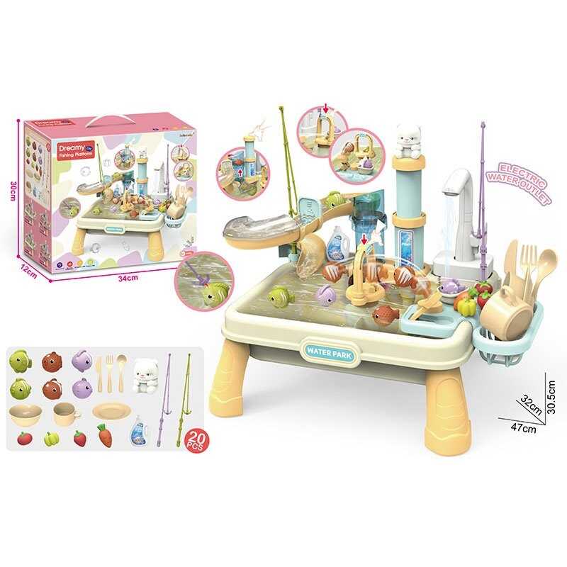 Риболовля 1205-3 (12) автоматична подача води, 20 елементів, рибки, посуд, на батарейках, 2 вудки, механічний запускач, гірка з помповим механізмом, в коробці