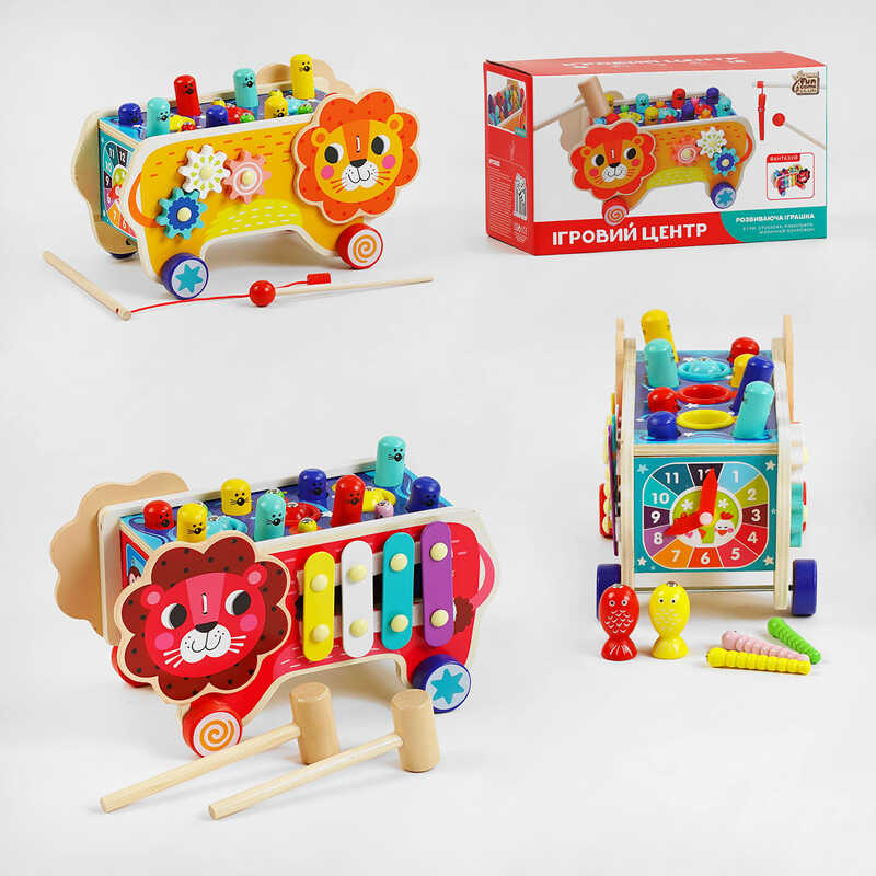 гр Ігровий центр 55202 (24) "4FUN Game Club Wood", "Лев", дерев’яний, ксилофон, магнітна риболовля, стукалка, шестерні, годинник,  у коробці